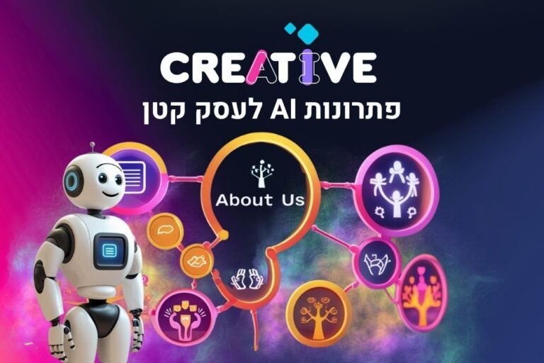 רובוט מאחורי לוח תלת מימד המציג פתרונות AI לעסק קטן